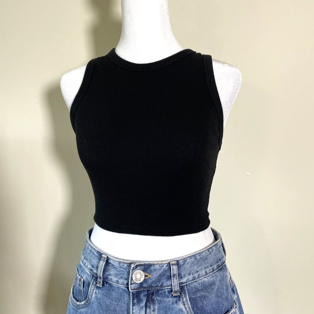 Zara Women’s Black Tank Top Size Small Cropped 100% Cotton Casual Preppy